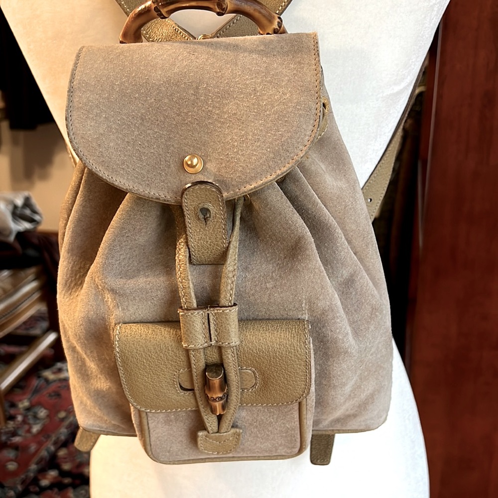 Gucci bamboo handle suede backpack